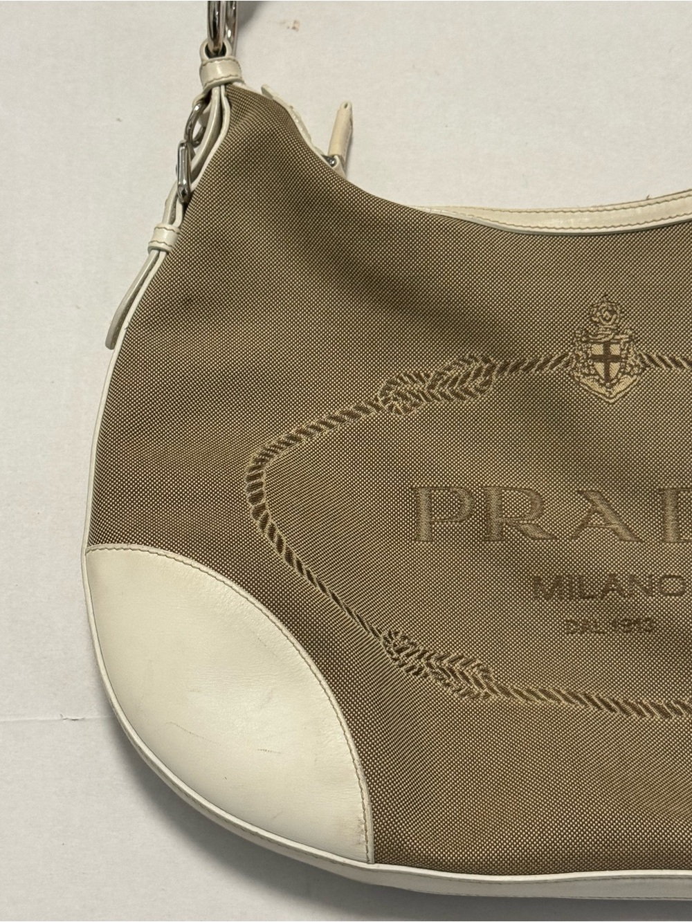 Prada Milano Canvas Shoulder Bag with White Leather Trim - Picture 2 of 14